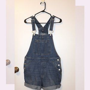 Medium wash denim overall shorts